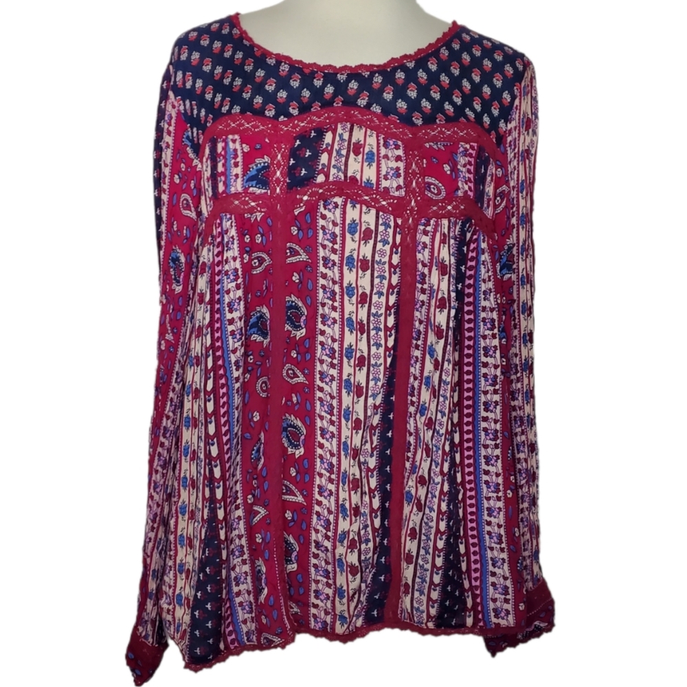 👚 Maeve Anthropologie "Gretchen" Boho Red & Blue Floral Peasant Top Size 10 / A - Picture 15 of 15